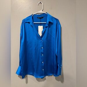 NWT Zara Button Down Blouse In Blue Size Large